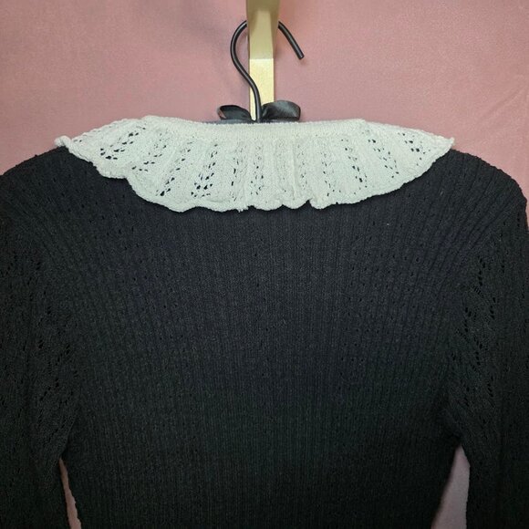 Zara Pointelle Mixed Ruffled Knit Cardigan Black/Cream L - Picture 9 of 11